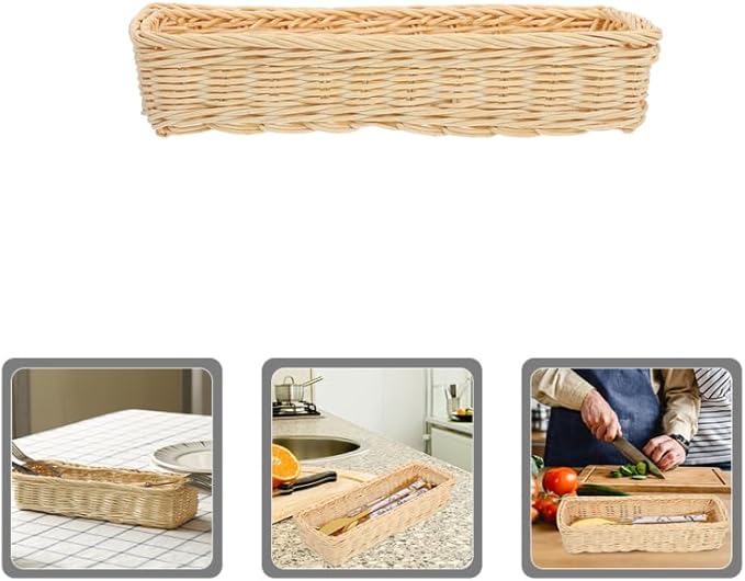 ULTECHNOVO Rattan Woven Cutlery Basket 2-Pack Utensil Organizer Spoon Fork Holder Kitchen Drawer Storage Tray 9.84X3.93X1.96 Inches Multipurpose Flatware Holder for Home