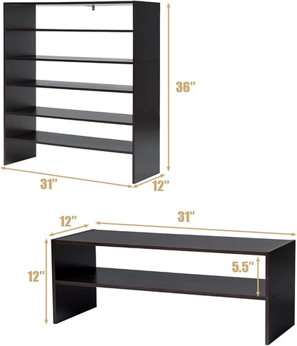 Giantex 3-in-1 Vertical Shoe Rack, 6-Tier Free Standing Shoe Storage Organizer w/Stackable Design for 18 Pairs, 31 Inch Wide Wood Shoe Shelf for Closet, Entryway, Living Room, Office (2, Walnut)