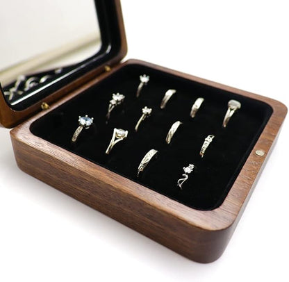 Rustic Wooden Ring Storage Display Box With Mirror Portable 12 Slots Rings Organizer Holder Tray