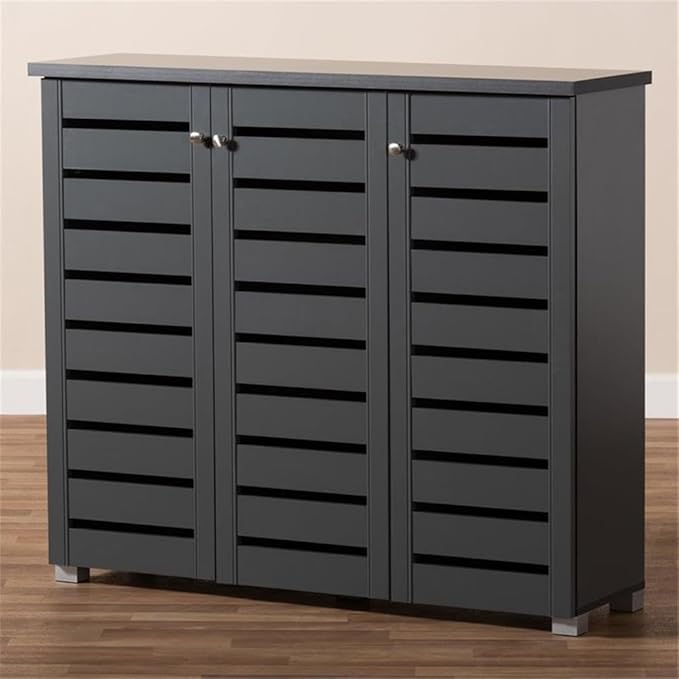 BOWERY HILL 3-Door Wood Entryway Shoe Cabinet, Dark Gray Finish, Engineered Wood Construction, Ventilated Slatted Doors, Holds 20 Pairs, Contemporary Style Shoe Storage for Entryway or Hallway Use