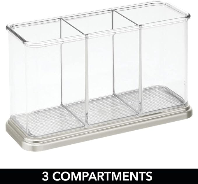 mDesign Plastic Cutlery Utensil Holder Storage Organizer Caddy for Kitchen Countertop Organization - Holds Fork, Knife, Spoon, Silverware - 3 Divided Sections - Hyde Collection - Clear/Brushed