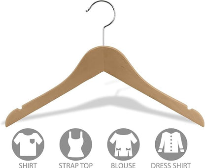 Wooden Junior Top Hanger, Natural Finish with Chrome Hardware, Box of 25