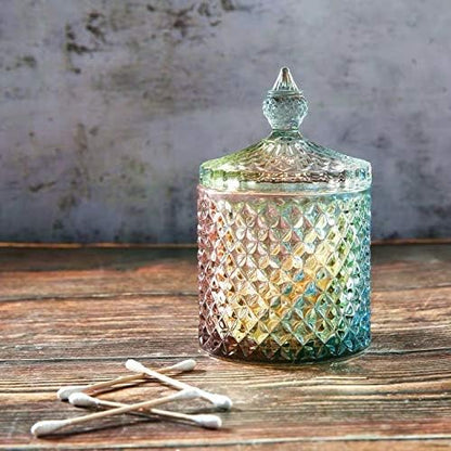Colorful Home Decorative Jar Qtips Holder Dispenser Glass Storage Container Bathroom Counter Vanity Organizer for Bath Salts/Swabs/Rounds Makeup Sponges Toothpick Jewelry (Rainbow, 10 oz,