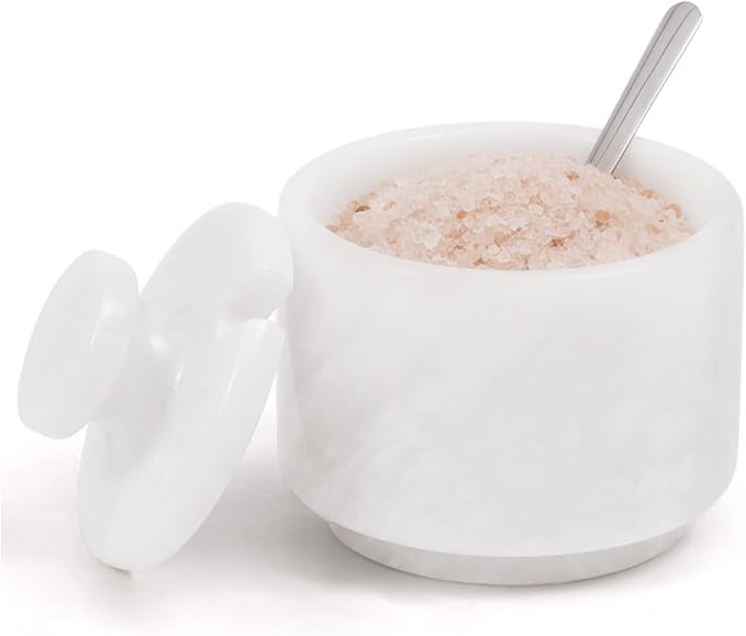 MARBLOUS KRAFTS Marble Salt Cellar with Lid & Spoon 3" White Small Flaky Salt Container, Seasoning Jar, Spice Storage Countertop, Ideal For Salt Box, Sugar Jar Kitchen Décor, Gift for Mom