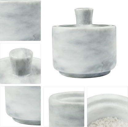 Marble Salt Cellar with Lid, White Stone Salt or Pepper Bowl Box Container Jar Holder Well Keeper Dish Pig Crock