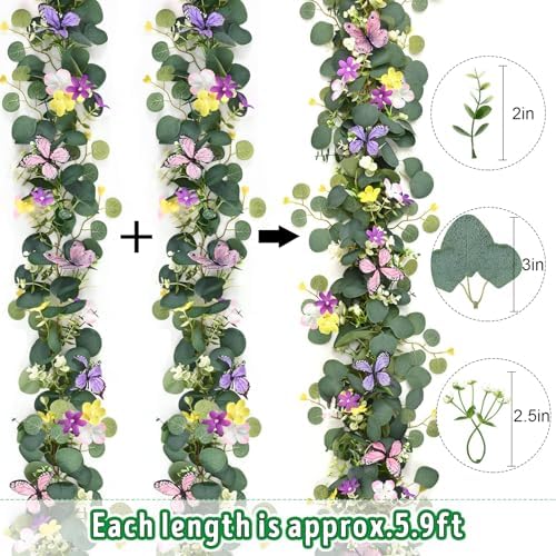 Waipfaru 4Pcs Eucalyptus Garland with Daisy 3D Butterfly, Green Garland with Flowers, 5.9FT Artificial Faux Eucalyptus Leaves Vines for Table Mantle Home Wedding Party Indoor Outdoor Decor - Image 2