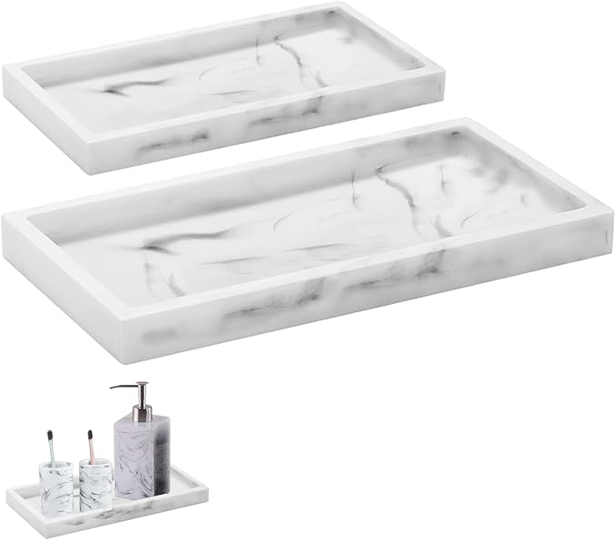 2 Packs Silicone Bathroom Vanity Tray Large 11.8" ＆ Small 7.8" Set - Rectangle Shatterproof Flexible Bathroom Tray for Soap Dispenser, Tissues, Candles, Towel, Plant, Perfume Key