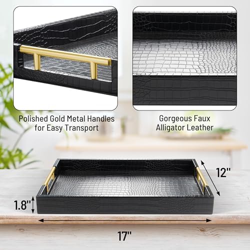 ATZYmolin 17"x12" Leather Serving Tray, Gold Handle Vanity Platter, Black - Image 2