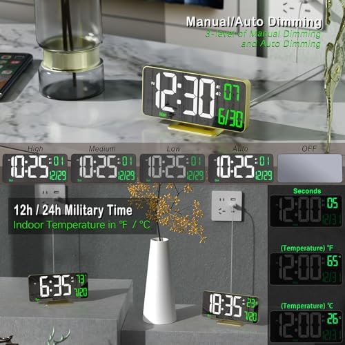 KOSUMOSU Desk Clock for Bedroom Accessories 6.7in Gold Digital Alarm Clock with Dimming,12/24h, Date, Day of Week, Temp, LED Clock, Modern Digital Calendar Clocks for Living Room Essentials - Image 2