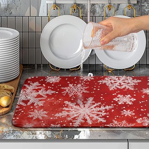 Christmas Dish Drying Mat for Kitchen Counter 18x24 Inch Red Snowflake Xmas Drying Pad Winter Holiday Dish Draining Mat Absorbent Microfiber Dish Drainer Rack Mat for Coffee Bar Kitchen - Image 5