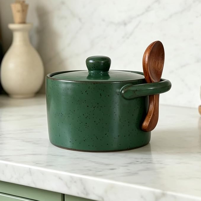 Ceramic Salt Cellar With Lid & Spoon,12oz Salt Container For Countertop,Sugar Bowl,Spice Jar(Green B)