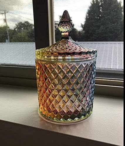 Colorful Home Decorative Jar Qtips Holder Dispenser Glass Storage Container Bathroom Counter Vanity Organizer for Bath Salts/Swabs/Rounds Makeup Sponges Toothpick Jewelry(Rainbow, 10 oz)