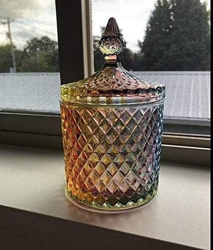 Colorful Home Decorative Jar Qtips Holder Dispenser Glass Storage Container Bathroom Counter Vanity Organizer for Bath Salts/Swabs/Rounds Makeup Sponges Toothpick Jewelry(Rainbow, 10 oz)