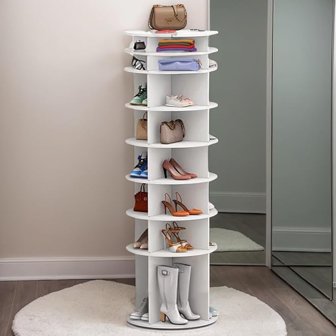 Runboll 8-Tier Rotating Shoe Rack Tower Spinning Shoe Display Lazy Susan Tower, Shoe and Vertical Handbag 360 Revolving Storage Organizer Rack for Living Room Entryway Doorway