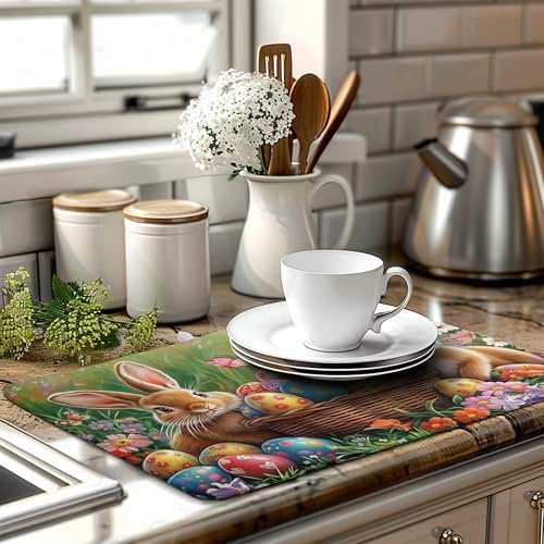 Easter Bunny Eggs Dish Drying Mat for Kitchen Counter 18x24 Inch Spring Easter Rabbit Flowers Large Drying Mat Microfiber Dish Drainer Rack Mats Absorbent Reversible Dishes Pad Dish Dryer Mat - Image 6