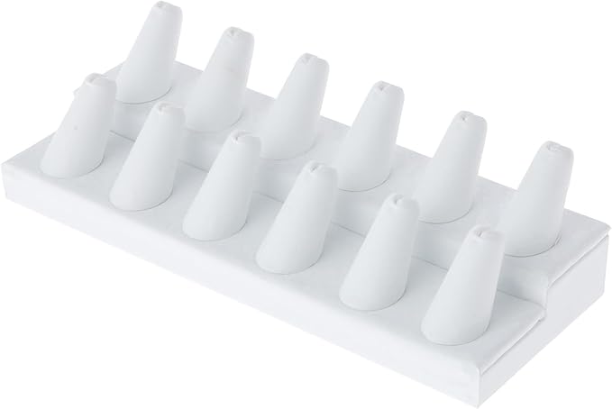 Plymor White Faux Leather 2-Tier Ring Finger Display, Twelve on Rectangular Base, 8.125" W x 3.25" D x 2.5" H