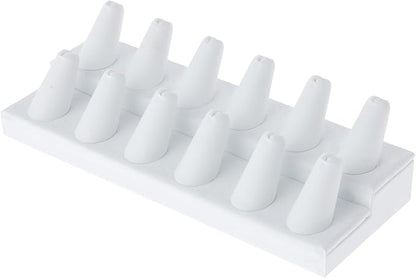 Plymor White Faux Leather 2-Tier Ring Finger Display, Twelve on Rectangular Base, 8.125" W x 3.25" D x 2.5" H