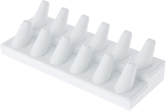 Plymor White Faux Leather 2-Tier Ring Finger Display, Twelve on Rectangular Base, 8.125" W x 3.25" D x 2.5" H