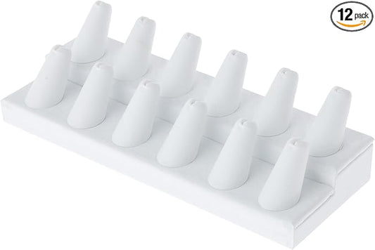Plymor White Faux Leather 2-Tier Ring Finger Display, Twelve on Rectangular Base, 8.125" W x 3.25" D x 2.5" H (Pack of 12)