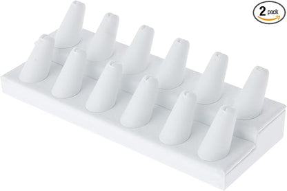 Plymor White Faux Leather 2-Tier Ring Finger Display, Twelve on Rectangular Base, 8.125" W x 3.25" D x 2.5" H (Pack of 2)