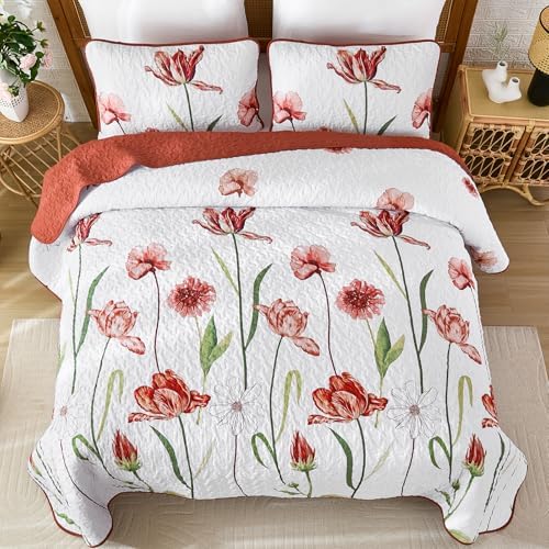 WONGS BEDDING Red Quilt Queen Size, Floral Boho Summer Bedspread - Image 4