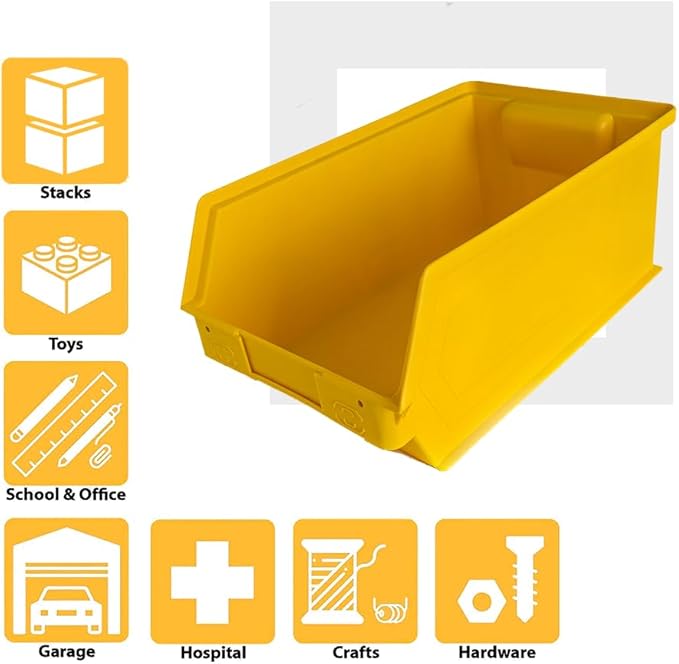 6-Pack Storage Bins, Wall Mount, Stackable & Freestanding, 12”x 8” x 6” Plastic Organizers, Utility Containers for Garage, Home, Workshop, Yellow