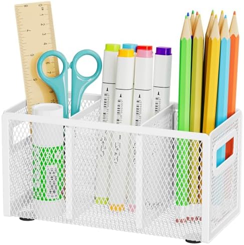 Marbrasse Mesh Pen Holder for Desk, Pencil Holder Desk Organizer 3 Adjustable Compartments, Pencil Cup with Handle Perfect for Classroom, Office, Home, Makeup, Art (White) by Marbrasse