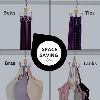 2 Pack, Rotating Belt Hanger Organizer for Closet, 12 Hooks Storage, Space Saving for Accessories, Bra, Tank Top, Tie, Scarf, Purse, Natural Wood and Metal