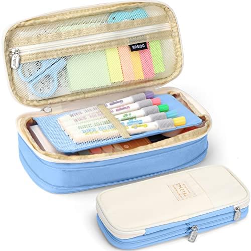 KPX Big Capacity Pencil Pen Case Bag with Zipper Office College School Storage Large Capacity Bag Pouch Holder Box Organizer Colorful (Light Blue) by KPX