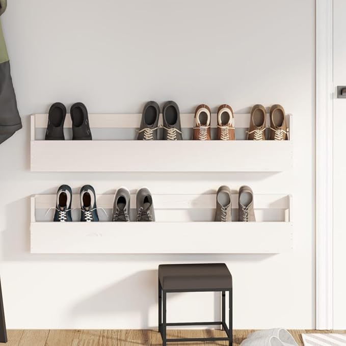 Solid Pine Wood Wall Mounted Shoe Rack 2 Pcs, 43.3"x3.5"x9.1", Wooden Shoe Storage Organizer for Wall
