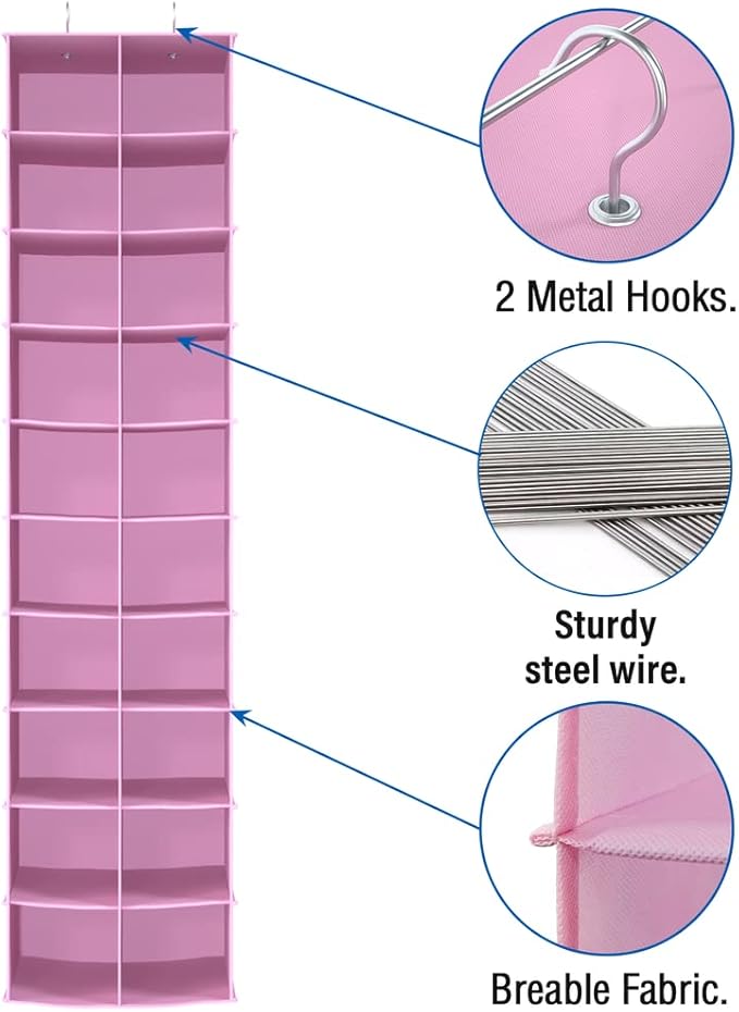 Libeder Hanging Shoe Organizer for Closet, Hanging Closet Organizers 20 Section Shoe Shelves, Space Saving Shoe Holder & Storage, Pink, 12''W×12''Dx 50''H