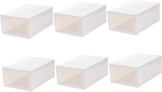 Abaodam Large Capacity Shoe Storage Boxes with Flip-top Lids, Thick Plastic Organizer for Home Closet, 6pcs Pearl White Stackable Shoe Organizers for Sneakers and Boots