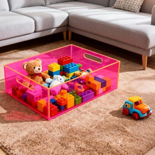 Acrylic Storage Bin Pantry Storage Container with Handles Kitchen Organizer Bin for Cabinet Cupboard Organization, Heavy Duty, 12.6 x 9.4 x 4'', Neon Pink - Image 4