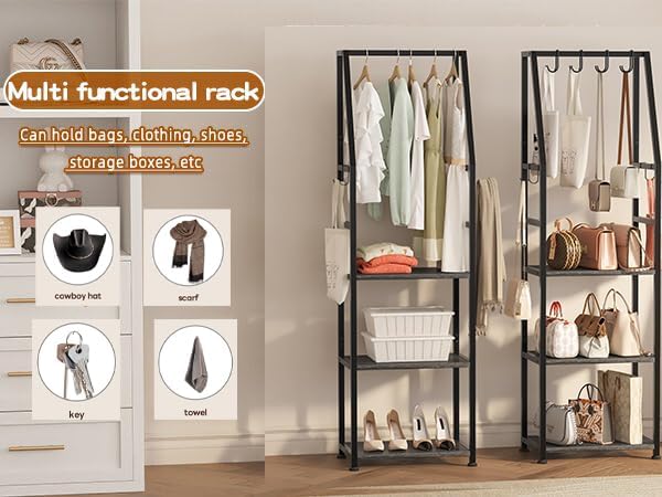 3-Tier Purse Stand Handbag Organizer, Hall Tree for Entryway Steel Frame, with 8 Removable Hooks，Clothes Rack Stand Organizer(Rustic Brown)