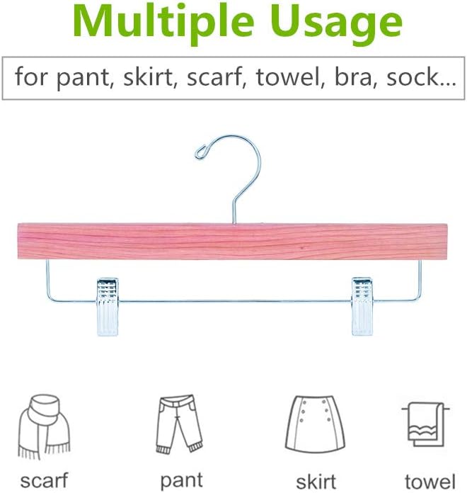 Amber Home 12 Pack American Red Cedar Wood Pants Hangers, Natural Cedar Wooden Slacks Skirts Hangers with 2-Adjustable Clips, Bottom Hangers for Trousers, Jeans, Shorts (12 Pack)