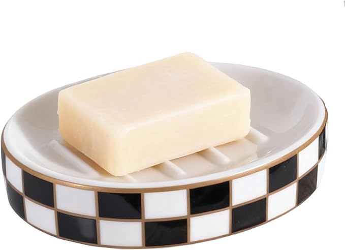 Ceramic Checkered Soap Dish,Black&White Soap Dish for Bathroom Sink, Bar Soap Holder for Bathroom Decorative Counter,Checkered Deco (Black)