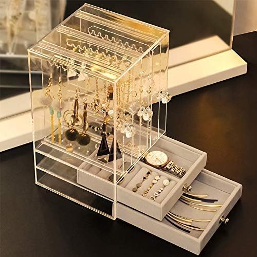 Sooyee 4 Doors Foldable Necklace Hanging Jewelry Organizer Double Sided Stand Display & 5 Drawers,Dustproof Jewelry Rack Display, Clear