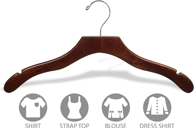 Wavy Wood Top Hanger, Box of 100 Space Saving 17 Inch Wooden Hangers w/Walnut Finish & Chrome Swivel Hook & Notches for Shirt Jacket or Dress