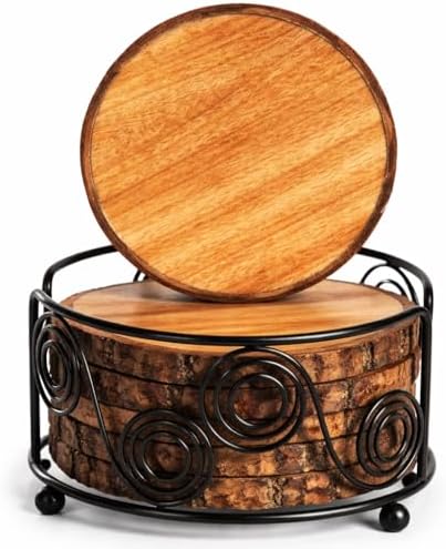 Luxurious Wood Coasters (Set of 5) with Metal Holder, Light Weight and Fitted in Natural Bark Tree, Coaster for Tea, Drinks, Mugs, Cans, Glasses 4 x 4 inch (Coasters with Stand) by Artistic+India