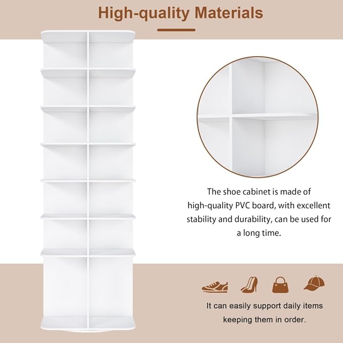 Shoe Organizer 7-Tier Spinning Shoe Rack - 360° Rotating Storage Organizer for 20-30 Pairs, Space Saving Narrow Design for Entryway/Closet Closet Handbag Display Rotate (White + Square)