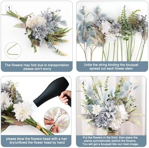 2 Pcs Fake Artificial Flowers Bouquet for Decoration, Silk Flower Arrangements Faux Flowers Plant Wedding Bride Bouquets Tables Centerpieces for Home Decor Indoor Vase Floral Table Decor (Blue White) - Image 7