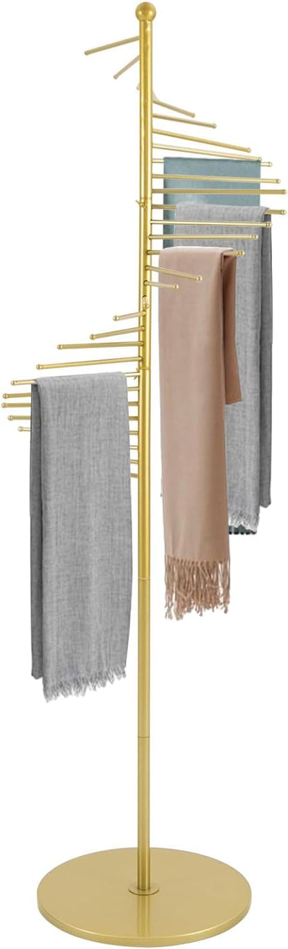 Freestanding Scarf Hanger, 30-Rod Spiral Metal Scarf Hanger Stand Gold, Hijab & Scarf Organizer Rack for Clothing Store & Home, Space Saving Scarves Hangers (Gold)