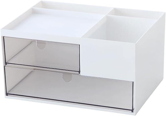 MILULUGO Makeup Organizer with 2 Drawers, Desk Organizer, 4 Compartments, Cosmetics Storage Box for nail polish,Lipstick, Brushes, Jewelry, Skincare, Bathroom Organization Boxes - White