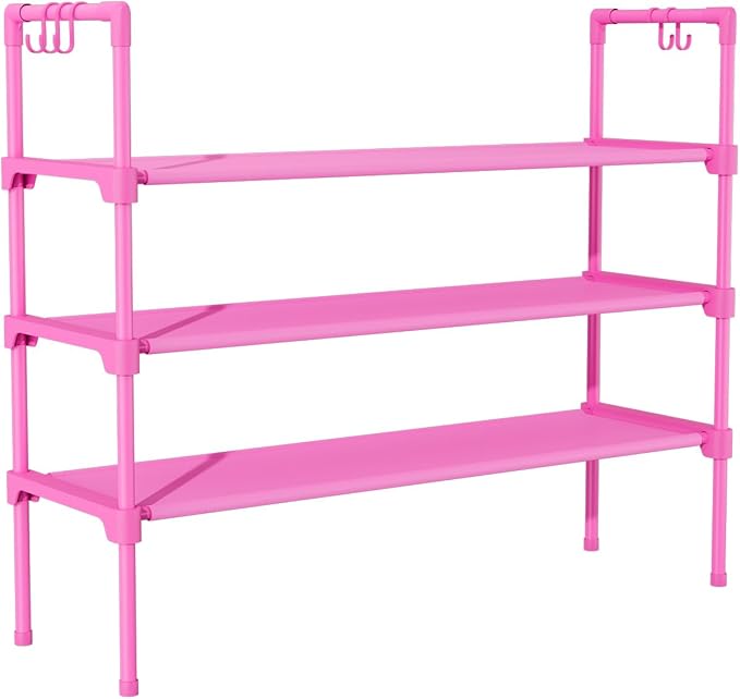 LANTEFUL 3 Tier Shoe Rack for Closet, Shoe Organizer with 5 Hooks, Long Shoe Shelf Storage for Shoe and Boot Stackable Free Standing Shoe Rack for Entryway, Garage, Small Spaces, Dorm, Pink