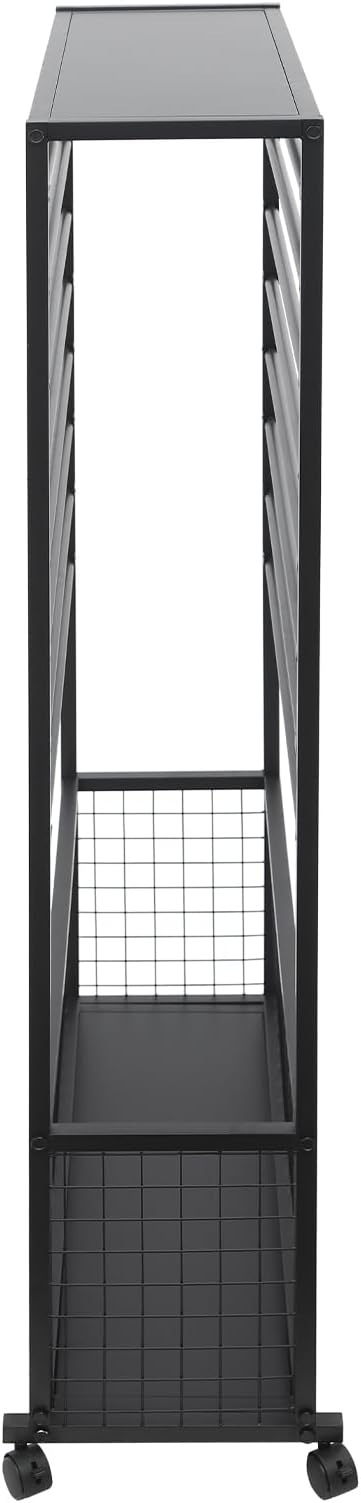 16-Tier Double-Sided Ribbon Holder Organizer Rack with Storage Basket & Wheels, Multifunctional Flower Wrapping Paper Display Stand for Craft Rooms, Flower Shops (Black, 31.5''W x 12.6''D x 59.06''H)