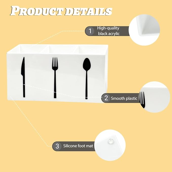 White Acrylic Cutlery Storage Organizer,Plastic Silverware Holder,Silverware Caddy 3 Section Tableware Plastic Holder for Kitchen Storage Indoor Outdoor Decoration Supplies