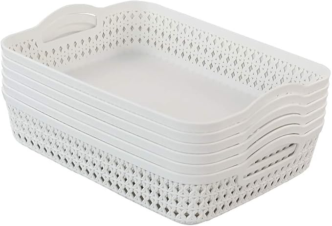 6 Packs Large Plastic Storage Tray Baskets with Handles for Organizing, White