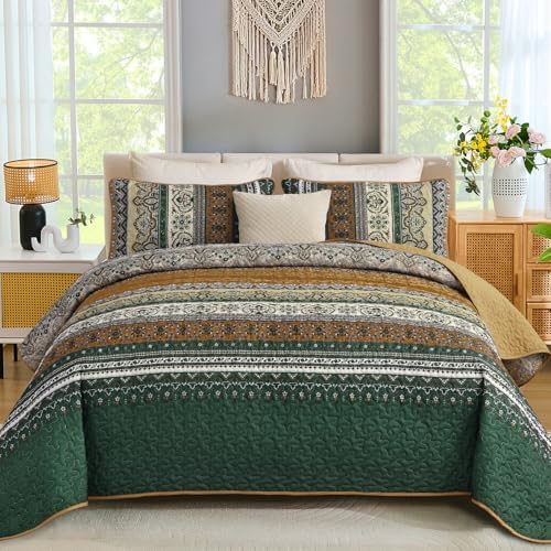 WONGS BEDDING Boho Quilt Queen Size,3 Pcs Bedspread Set, Brown Green by WONGSBEDDING