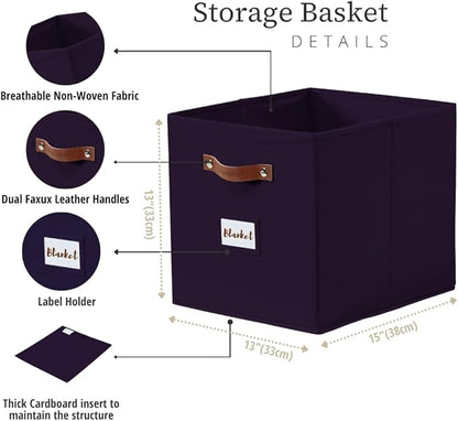 DECOMOMO Storage Baskets, 13x15x13 Storage Cube Bins with Labels for Organizing Shelves Kallax (Kallax / 4pcs, Deep Violet)