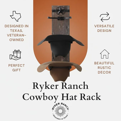 Ryker Ranch Cowboy hat Rack for Wall | Western hat Rack | Rustic Wood and Metal Cowboy hat Hanger